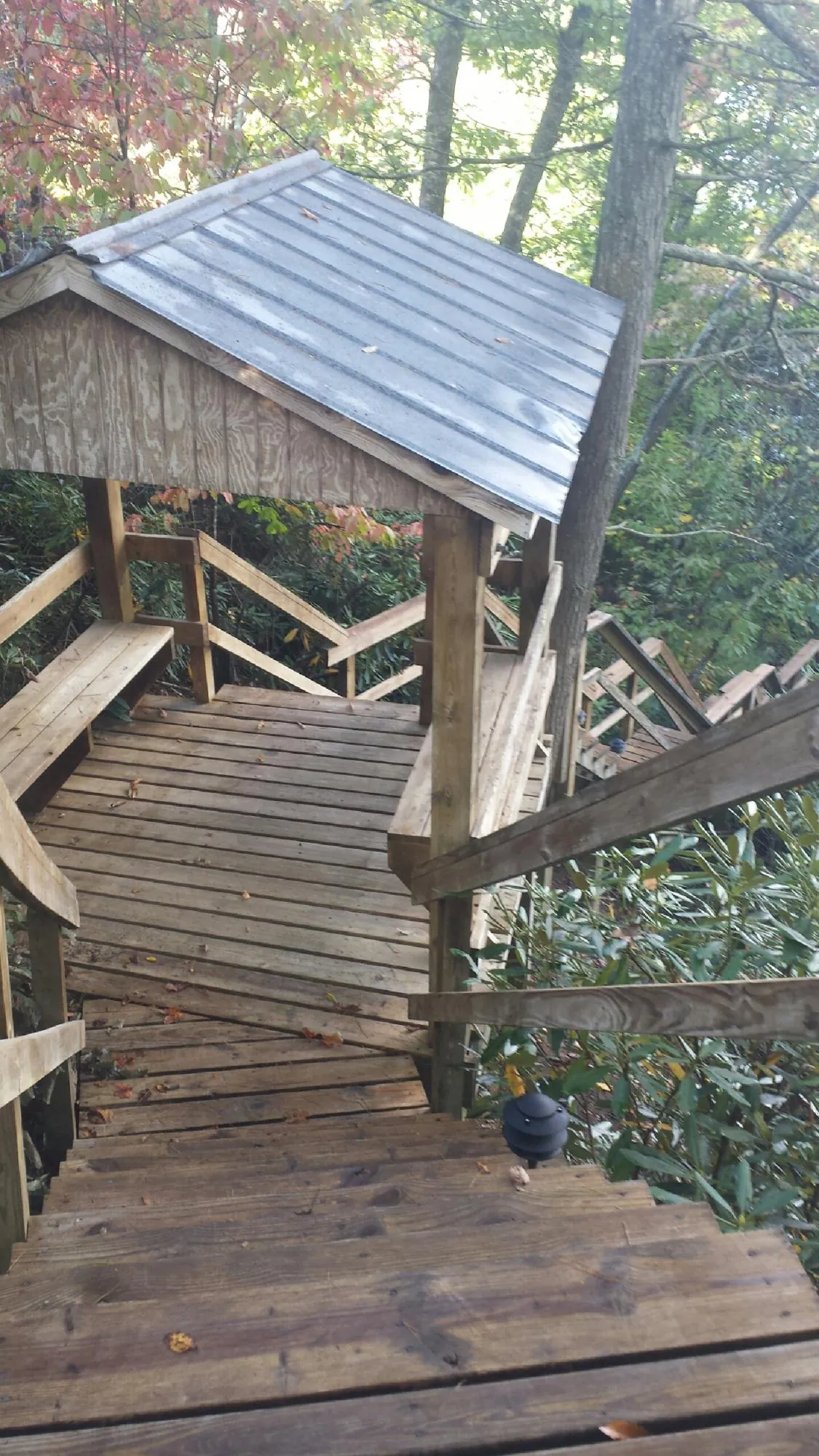 Metal roofed shelter over wooden steps on a wooded walkway — Skylight Repair & Installation work by our crew in Pitcher